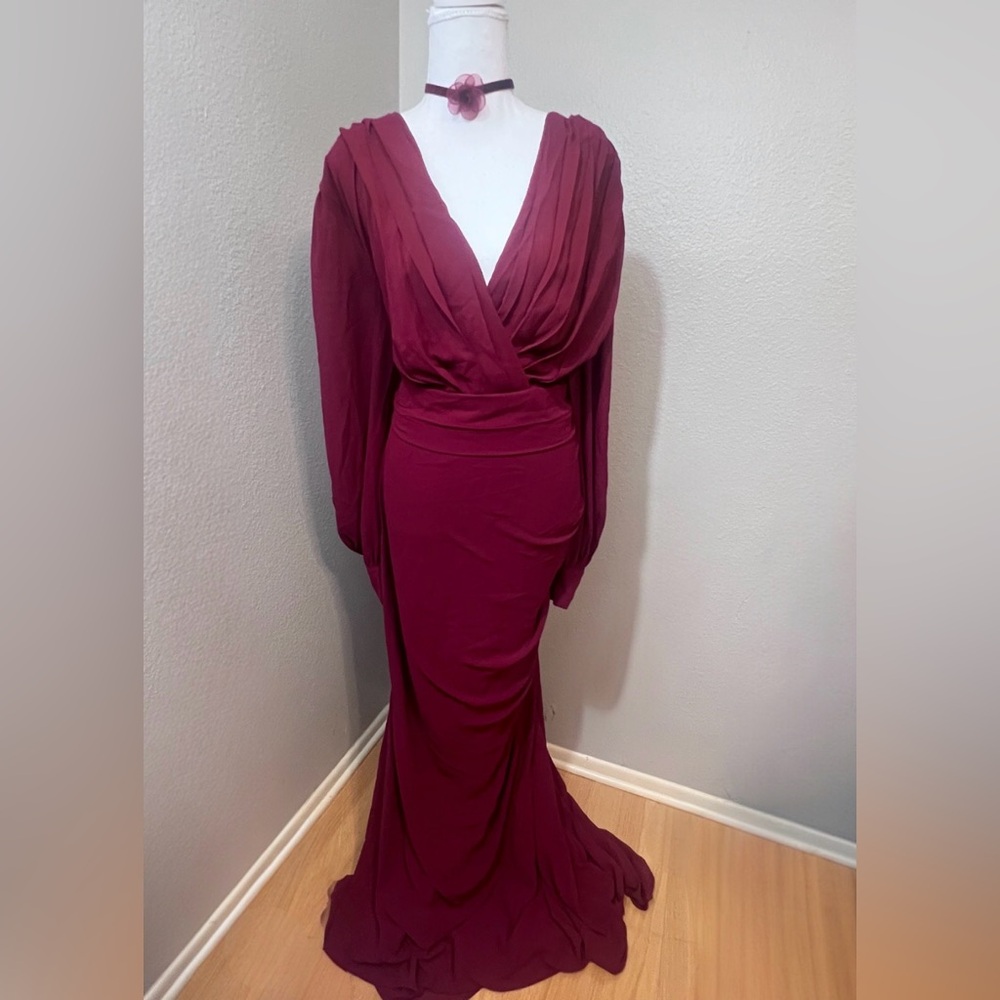 #374 Burgundy V neckline long sleeve chiffon gown-5X/26W